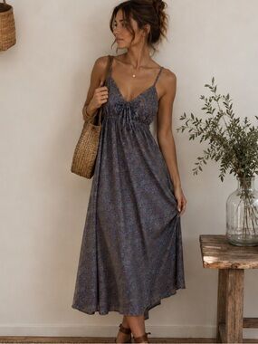 Alchemy Recycled Silk Blue Paisley Tie-Front Maxi Dress Boho Y2K